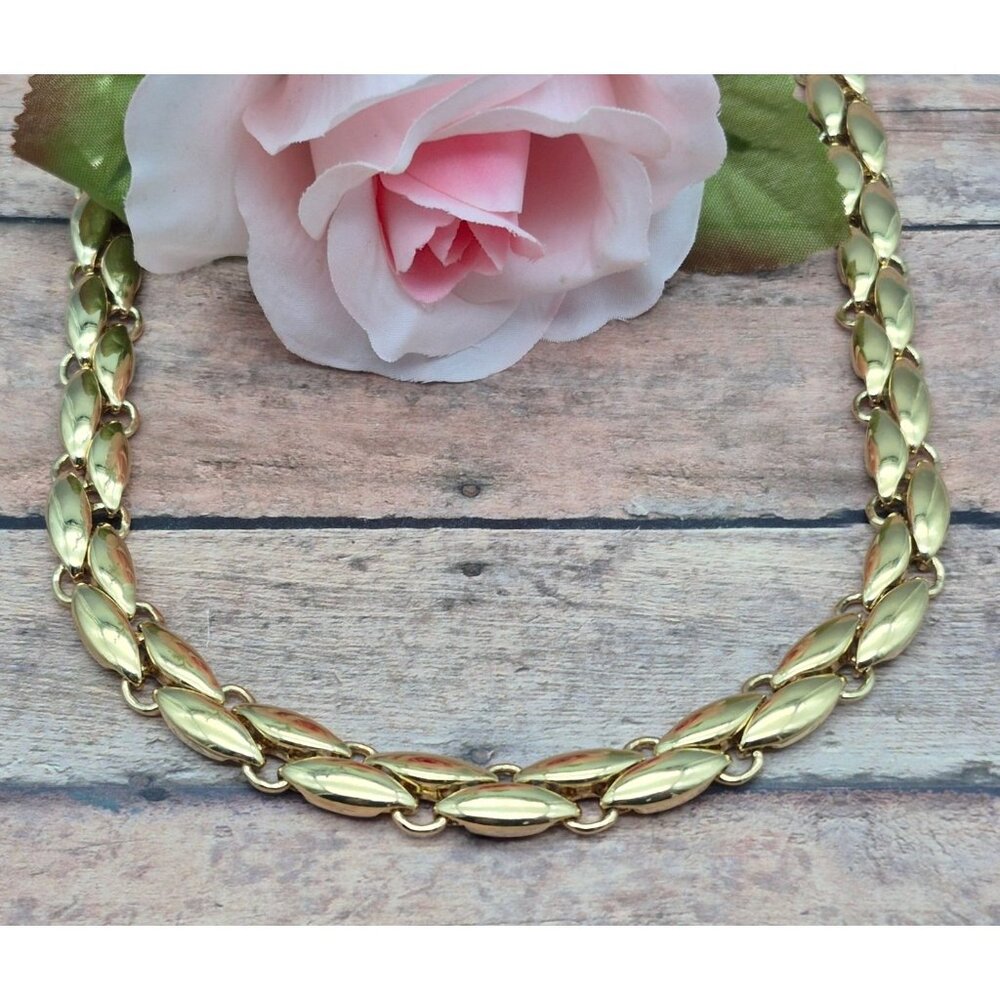 Shiny Gold Tone Double Link Lay Flat Collar Necklace Retro 16" or 18" Extender